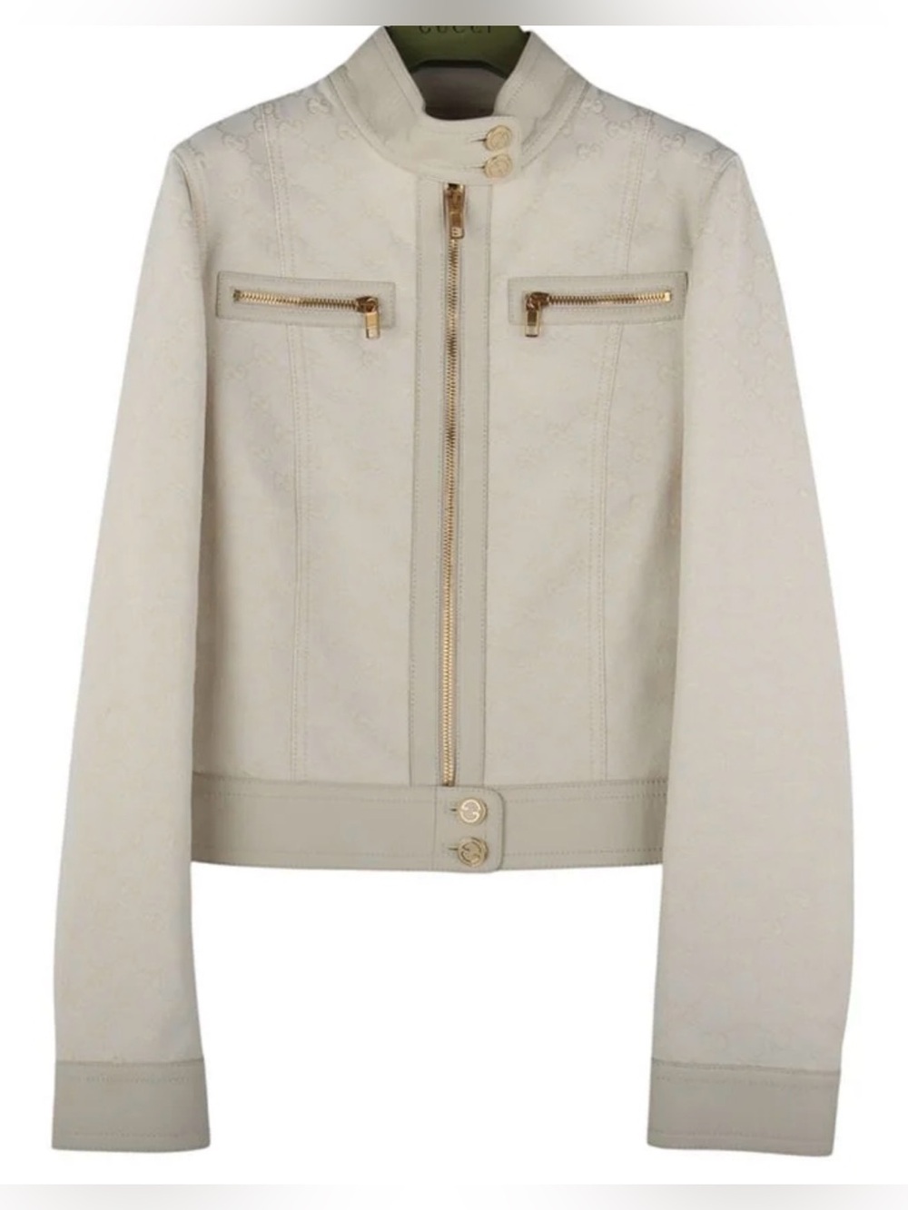 $4,500 Gucci GG Monogram Canvas With Leather Trim Jacket Ivory